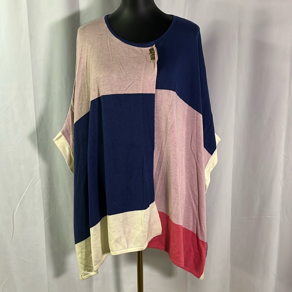 Marc New York Pink Blue & Ivory Colorblock Knit Wool Blend Poncho